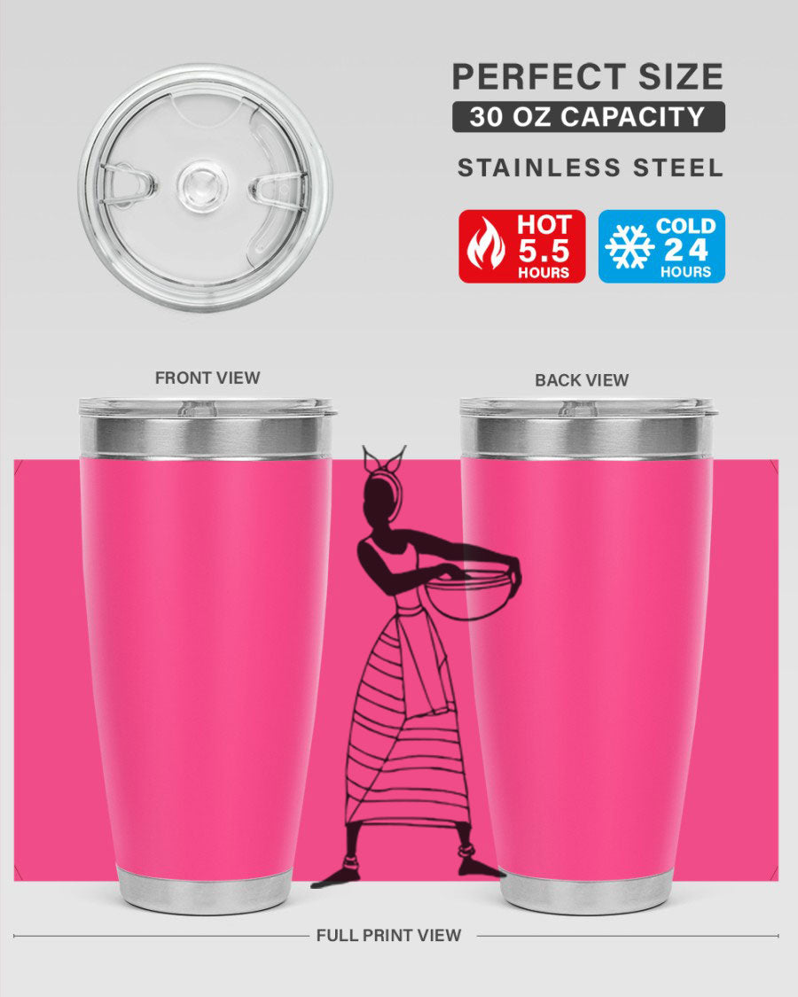 Africanlady 87# Tumbler in 20oz and 30oz sizes, showcasing double wall vacuum stainless steel design with a stylish lid.