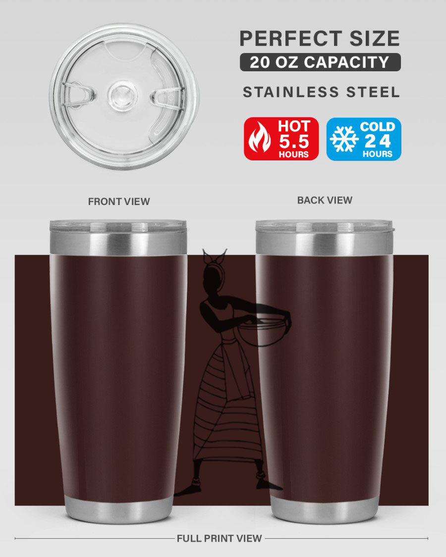 Africanlady 87# Tumbler in 20oz and 30oz sizes, showcasing double wall vacuum stainless steel design with a stylish lid.