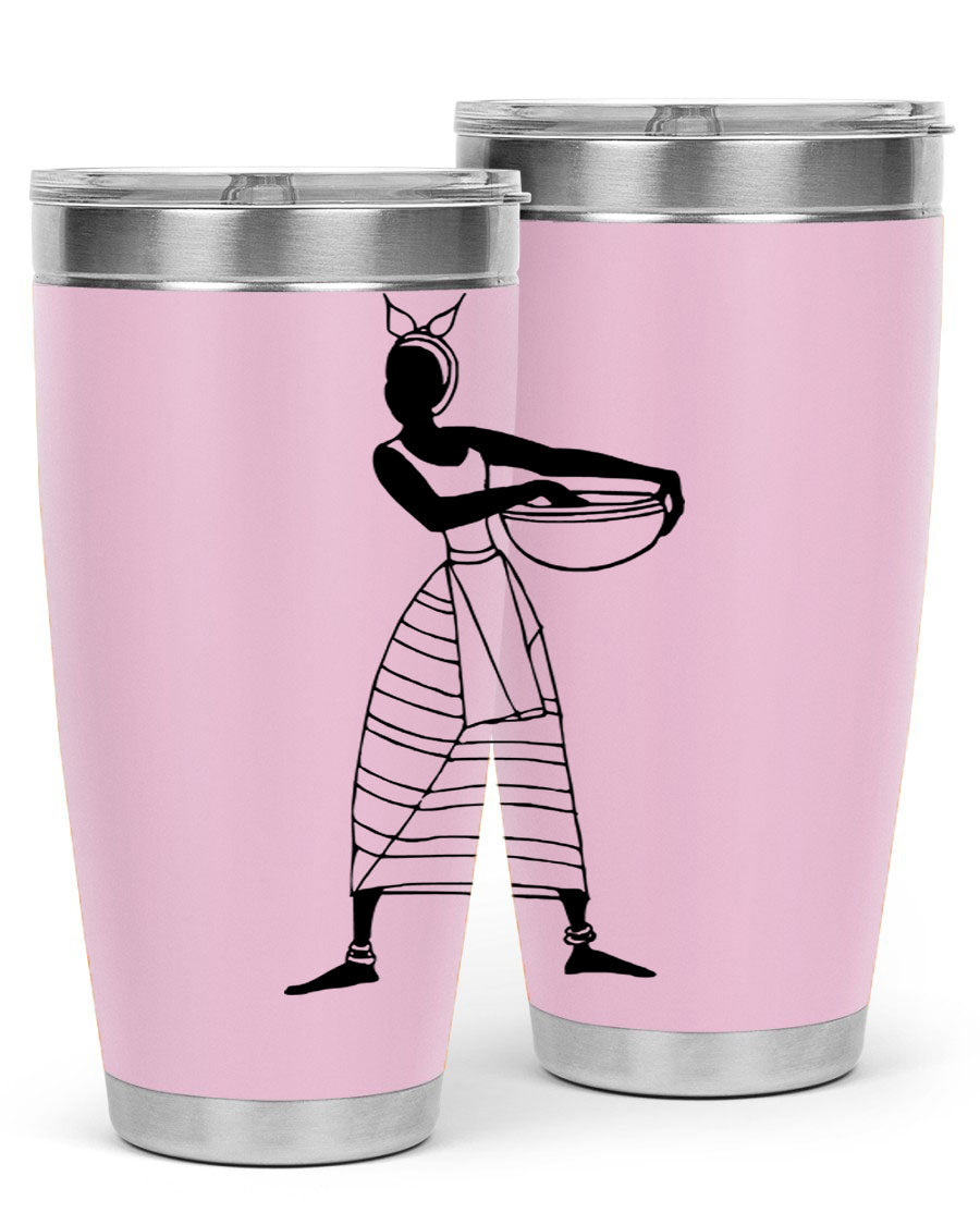 Africanlady 87# Tumbler in 20oz and 30oz sizes, showcasing double wall vacuum stainless steel design with a stylish lid.