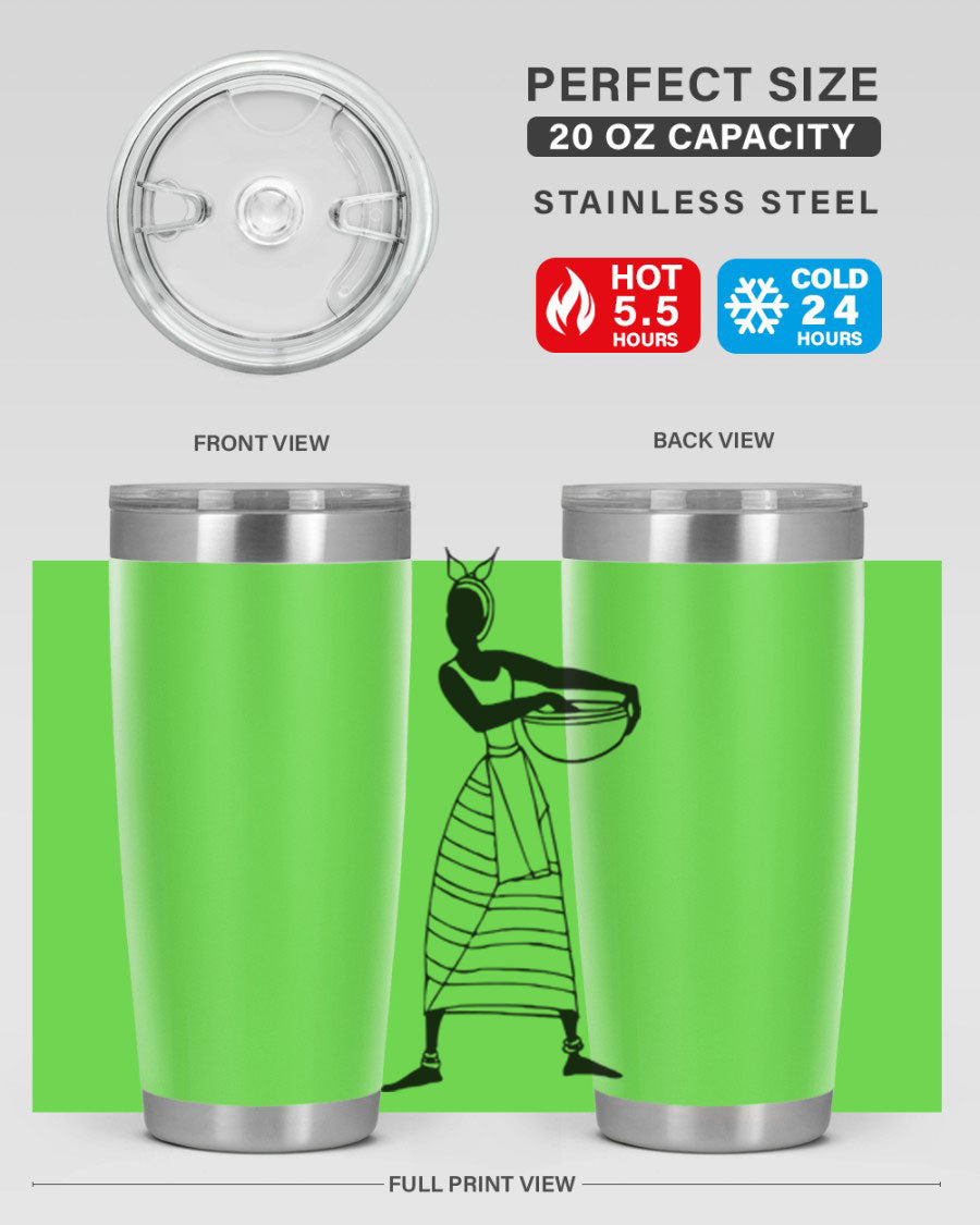 Africanlady 87# Tumbler in 20oz and 30oz sizes, showcasing double wall vacuum stainless steel design with a stylish lid.