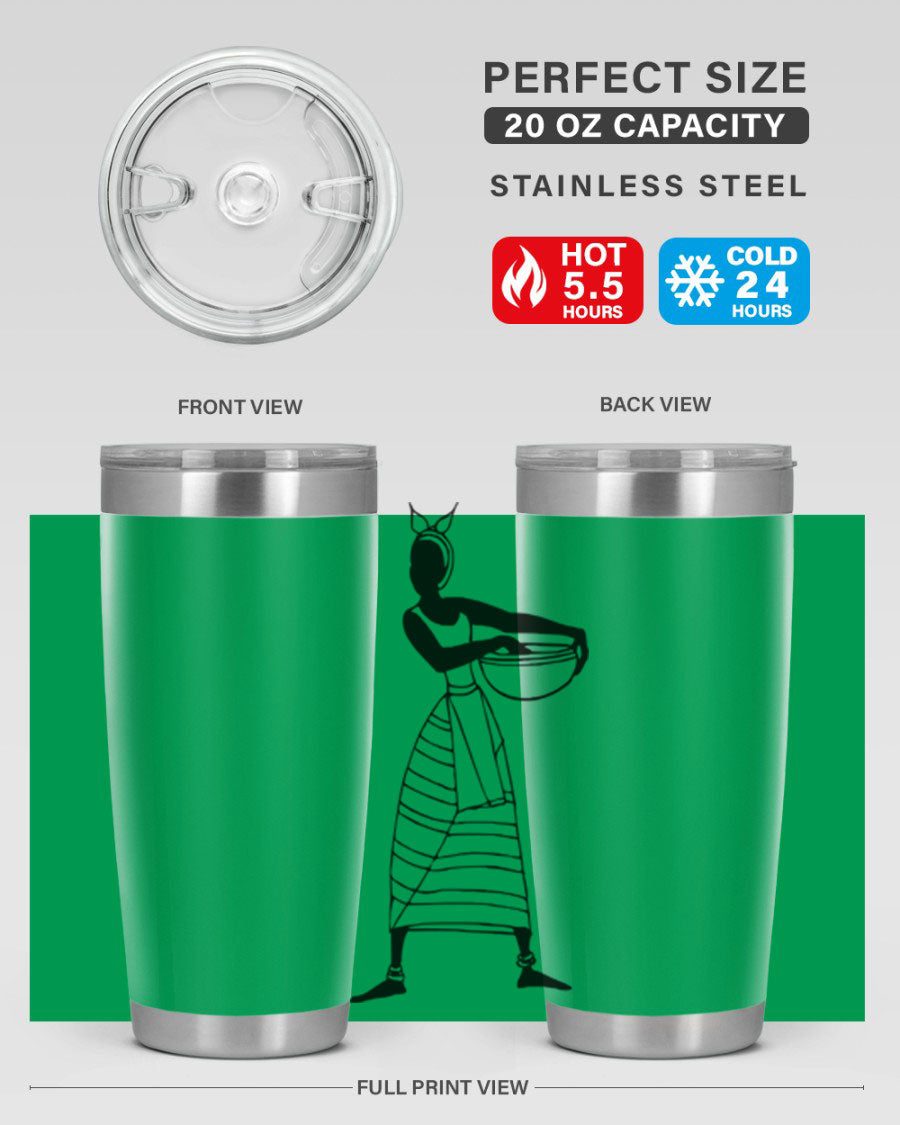 Africanlady 87# Tumbler in 20oz and 30oz sizes, showcasing double wall vacuum stainless steel design with a stylish lid.