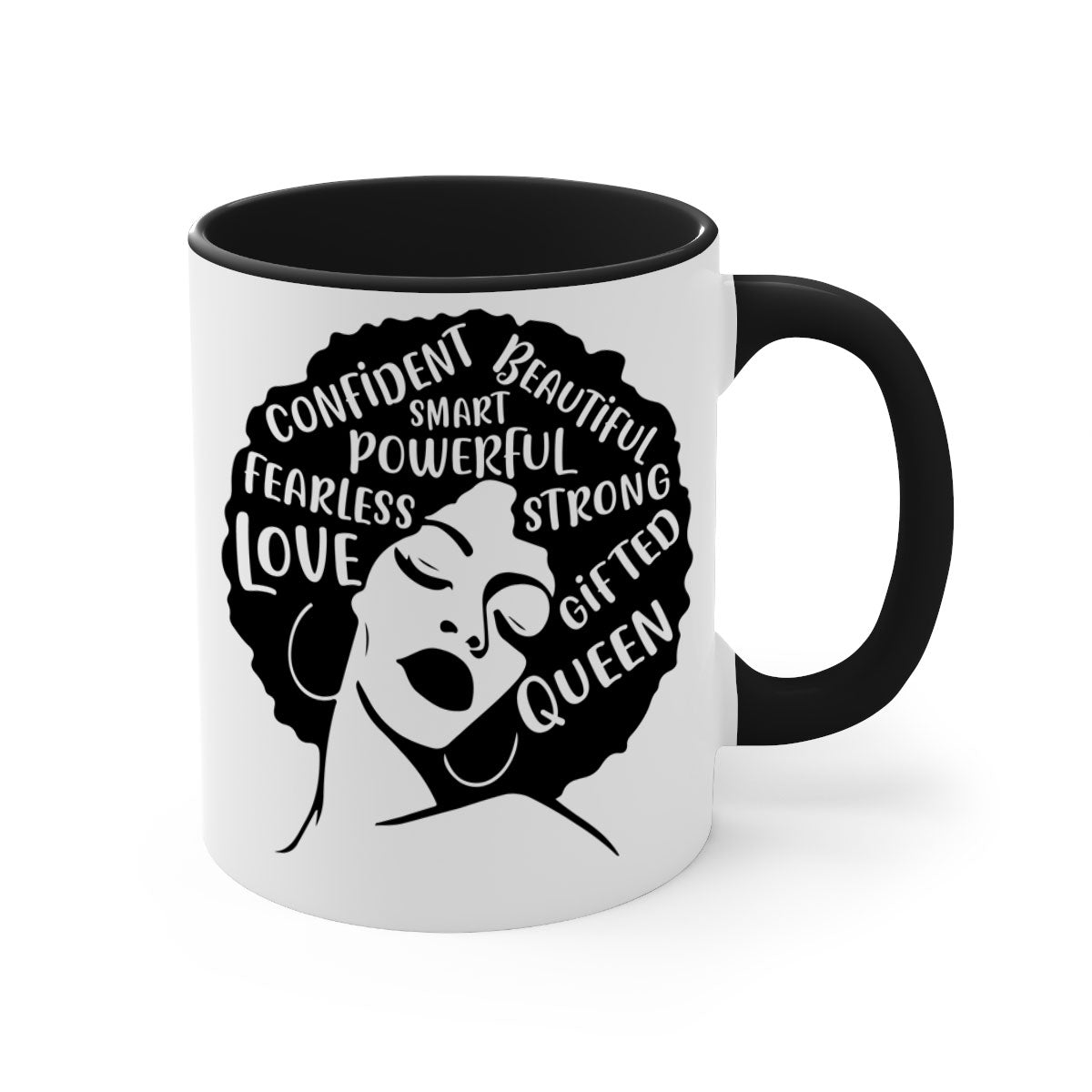 A stylish two-tone coffee mug featuring an afro lady design, showcasing vibrant colors and a glossy finish, perfect for coffee lovers.