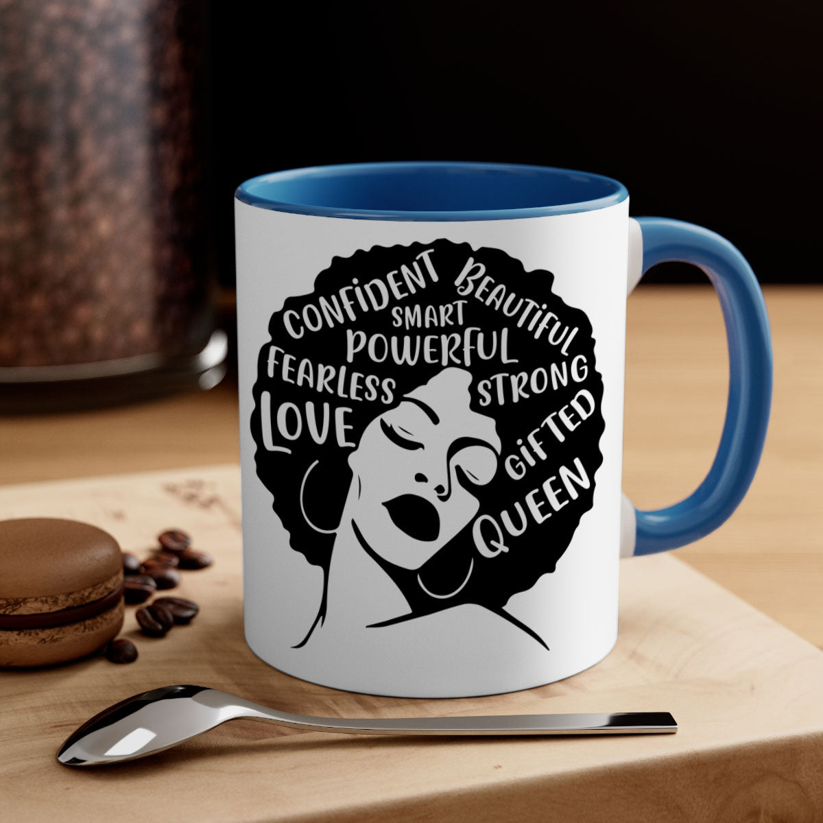 A stylish two-tone coffee mug featuring an afro lady design, showcasing vibrant colors and a glossy finish, perfect for coffee lovers.