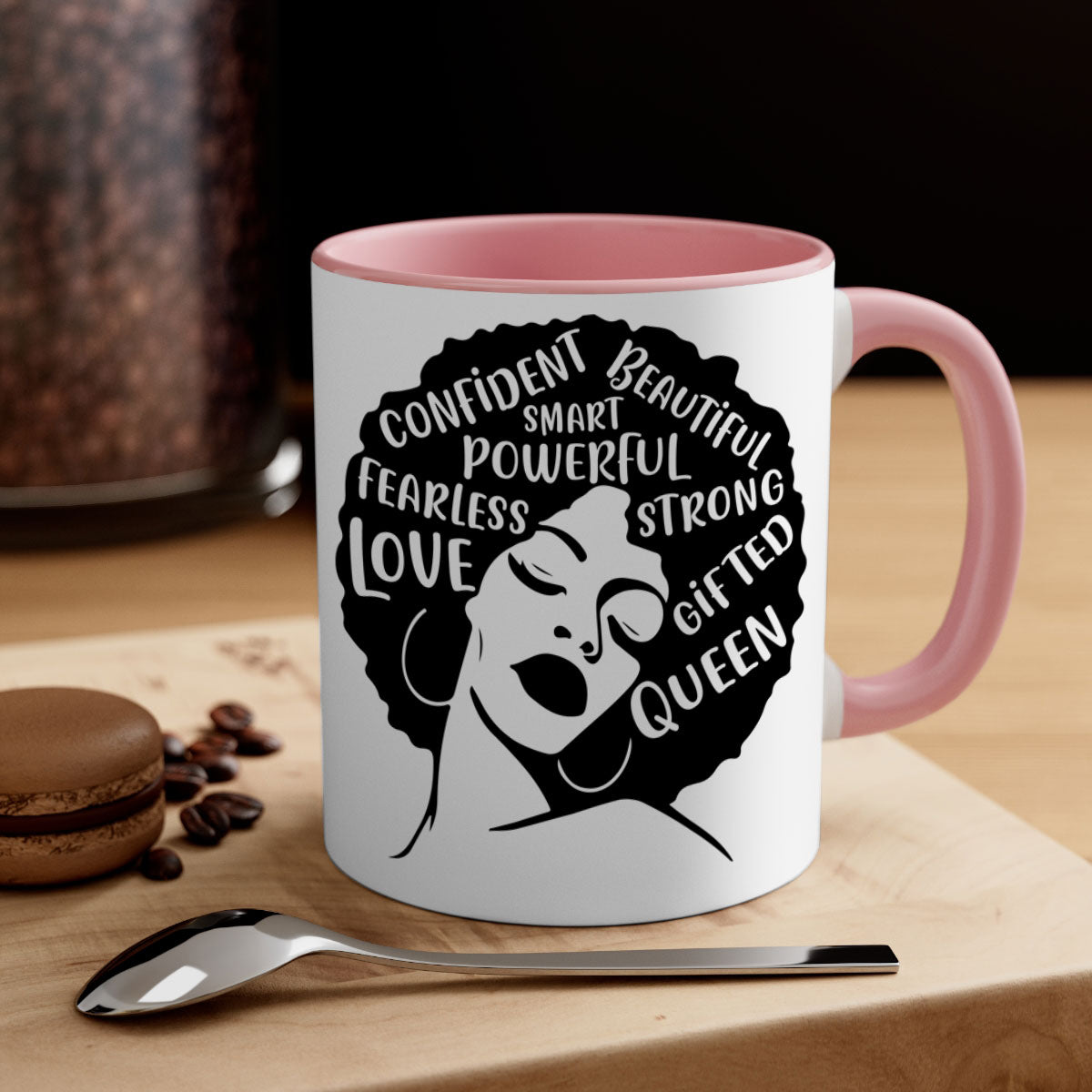 A stylish two-tone coffee mug featuring an afro lady design, showcasing vibrant colors and a glossy finish, perfect for coffee lovers.