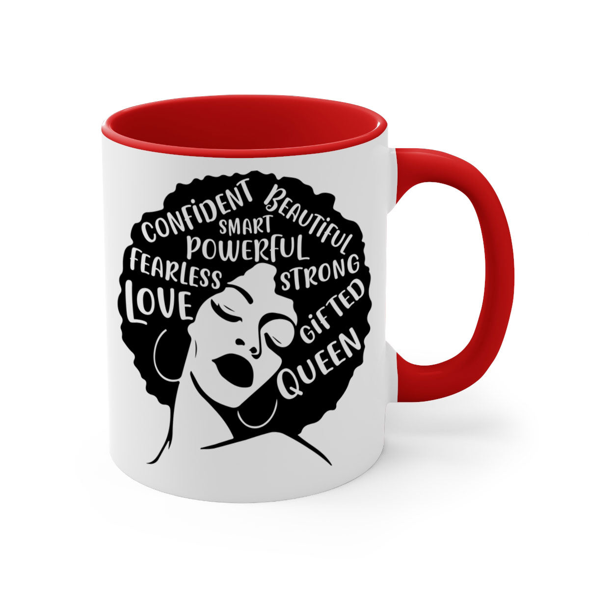 A stylish two-tone coffee mug featuring an afro lady design, showcasing vibrant colors and a glossy finish, perfect for coffee lovers.