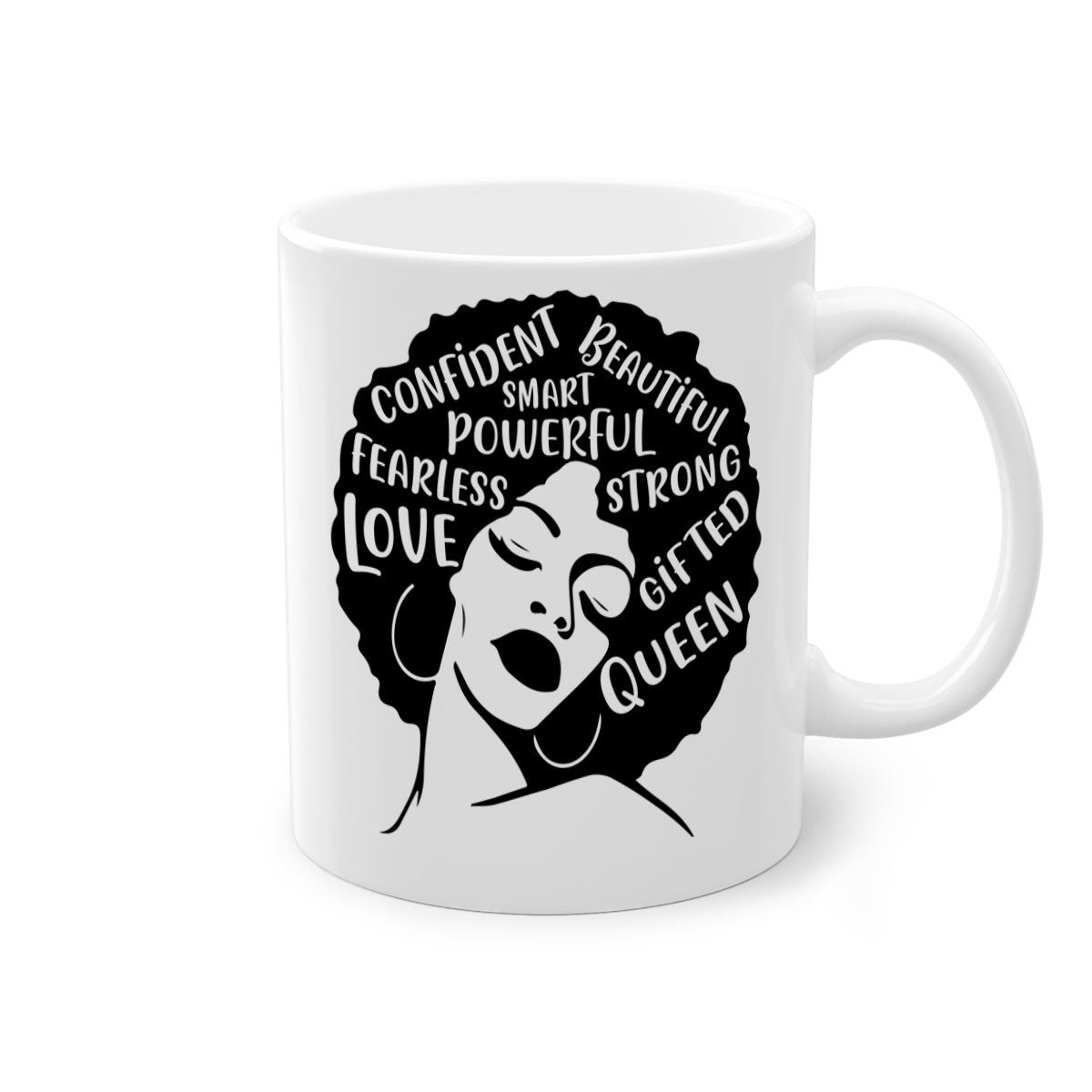 A stylish two-tone coffee mug featuring an afro lady design, showcasing vibrant colors and a glossy finish, perfect for coffee lovers.