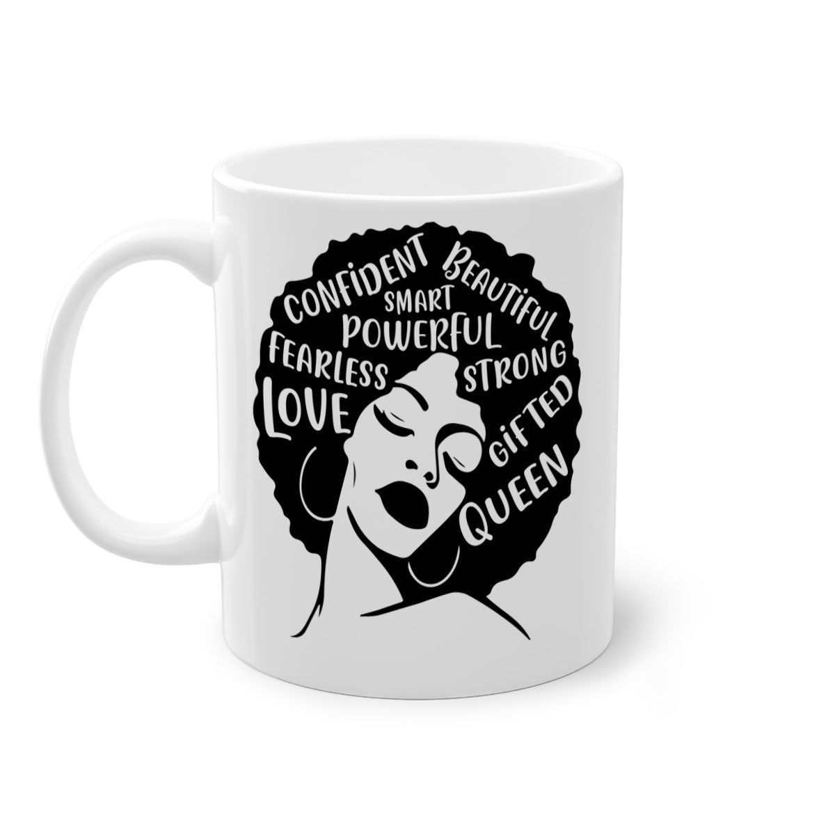 A stylish two-tone coffee mug featuring an afro lady design, showcasing vibrant colors and a glossy finish, perfect for coffee lovers.