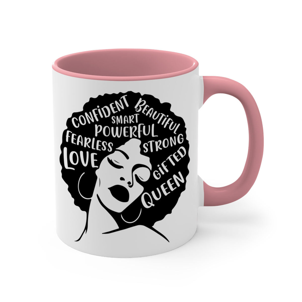 A stylish two-tone coffee mug featuring an afro lady design, showcasing vibrant colors and a glossy finish, perfect for coffee lovers.