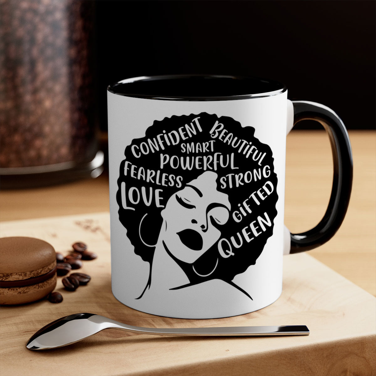 A stylish two-tone coffee mug featuring an afro lady design, showcasing vibrant colors and a glossy finish, perfect for coffee lovers.