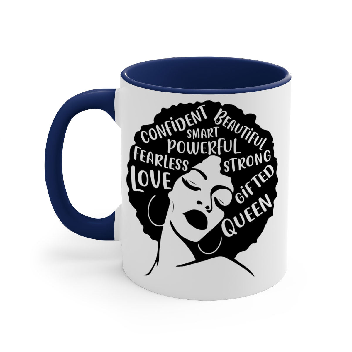 A stylish two-tone coffee mug featuring an afro lady design, showcasing vibrant colors and a glossy finish, perfect for coffee lovers.