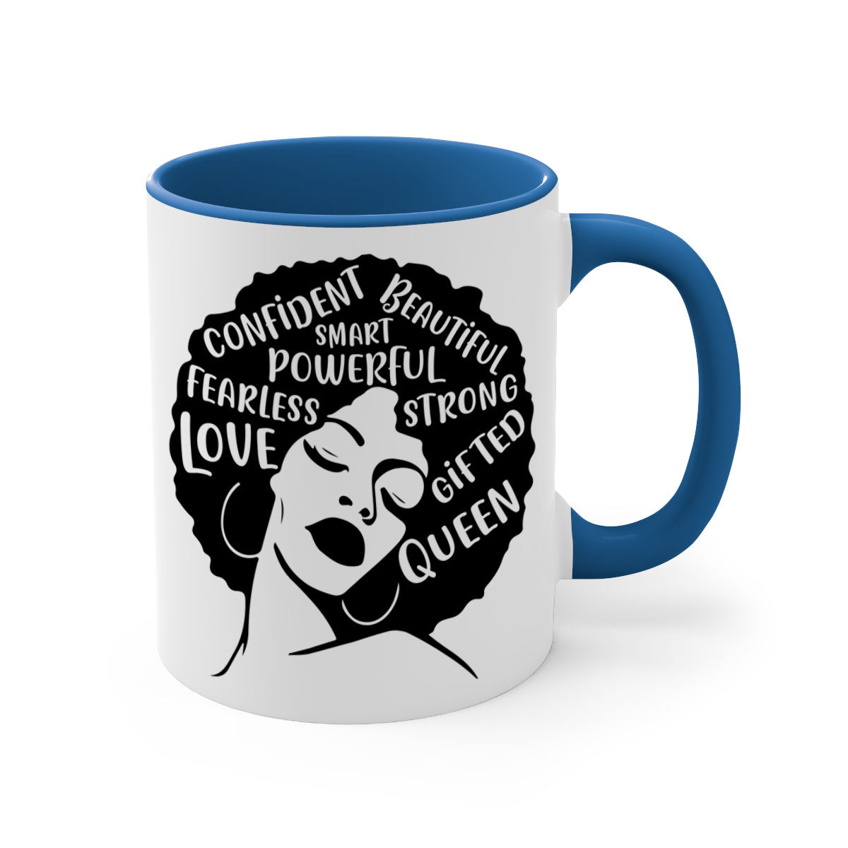A stylish two-tone coffee mug featuring an afro lady design, showcasing vibrant colors and a glossy finish, perfect for coffee lovers.