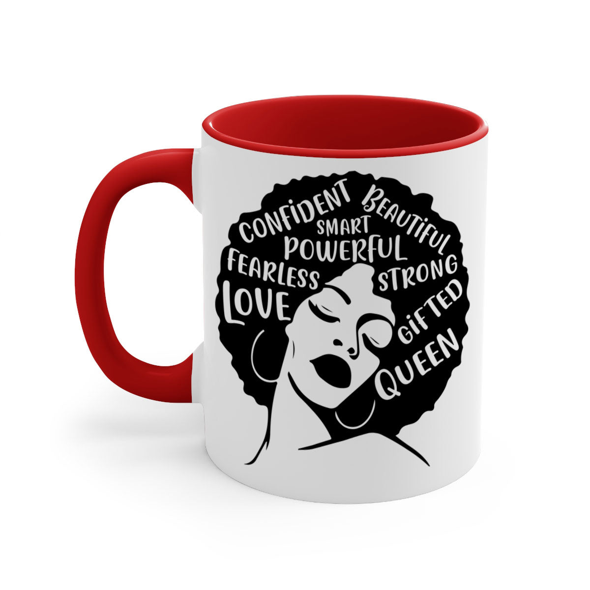 A stylish two-tone coffee mug featuring an afro lady design, showcasing vibrant colors and a glossy finish, perfect for coffee lovers.