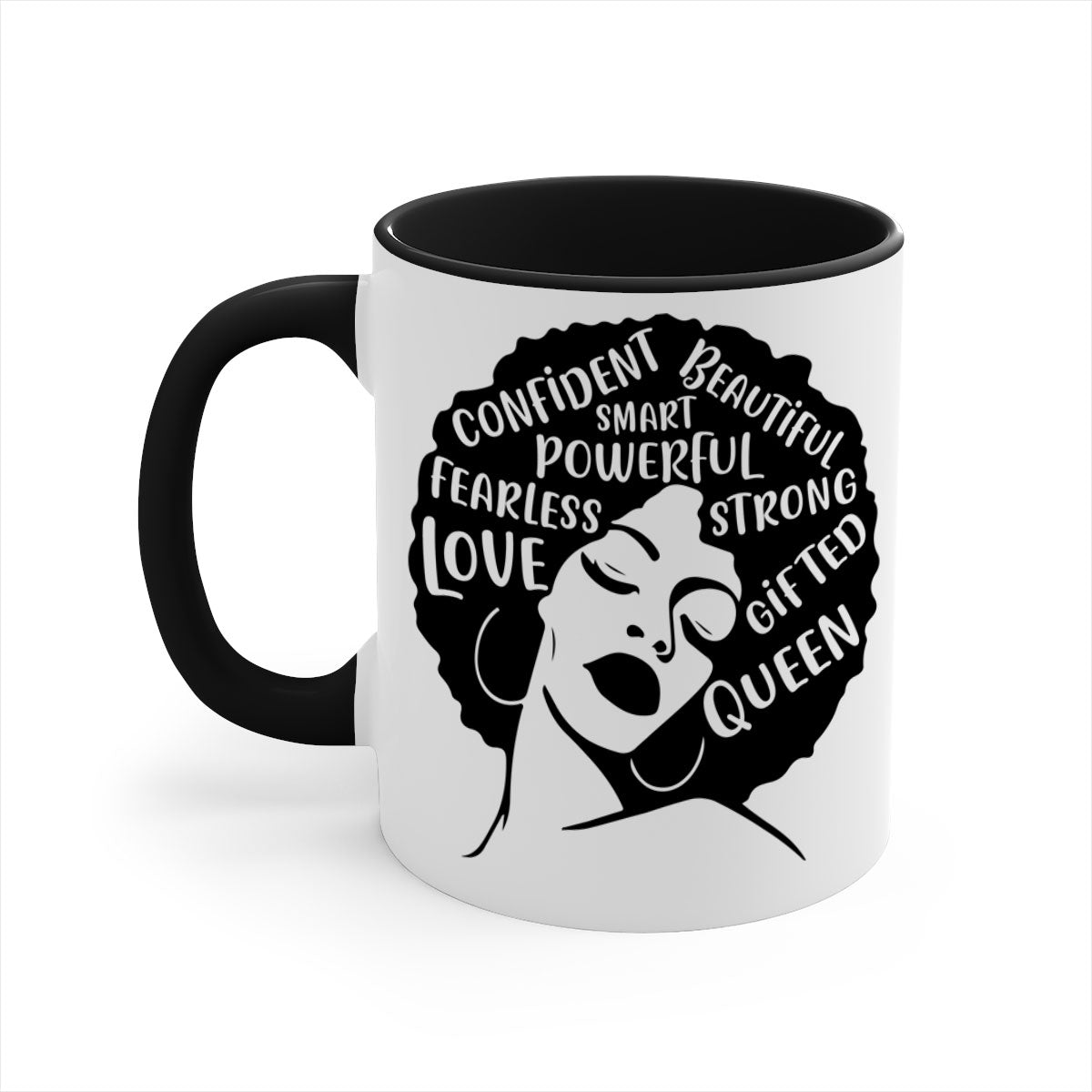 A stylish two-tone coffee mug featuring an afro lady design, showcasing vibrant colors and a glossy finish, perfect for coffee lovers.