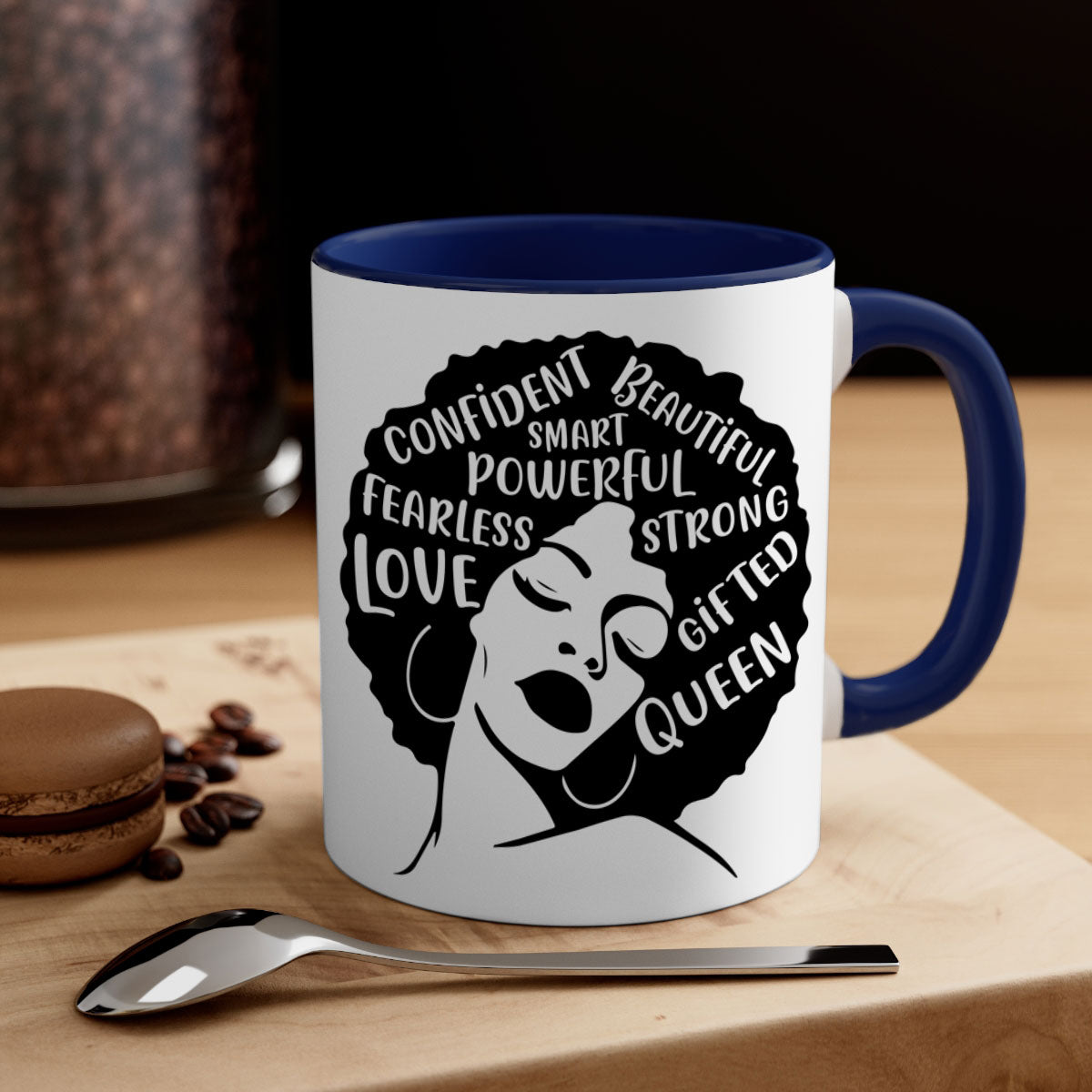 A stylish two-tone coffee mug featuring an afro lady design, showcasing vibrant colors and a glossy finish, perfect for coffee lovers.