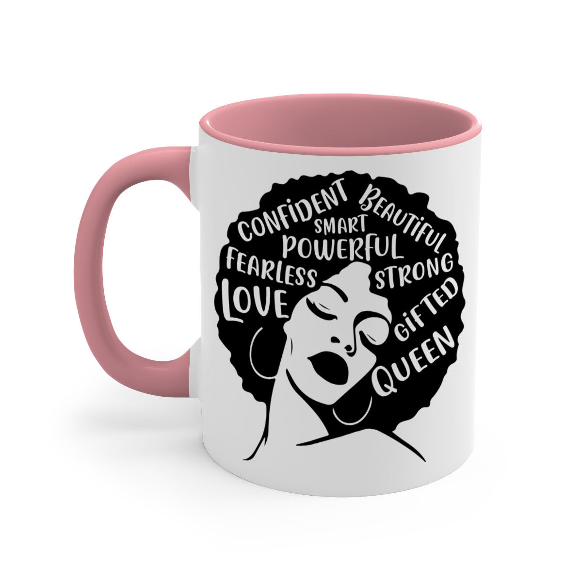 A stylish two-tone coffee mug featuring an afro lady design, showcasing vibrant colors and a glossy finish, perfect for coffee lovers.