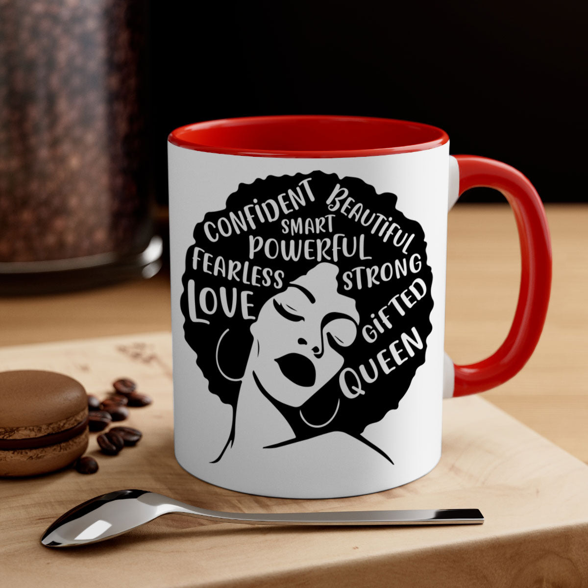 A stylish two-tone coffee mug featuring an afro lady design, showcasing vibrant colors and a glossy finish, perfect for coffee lovers.
