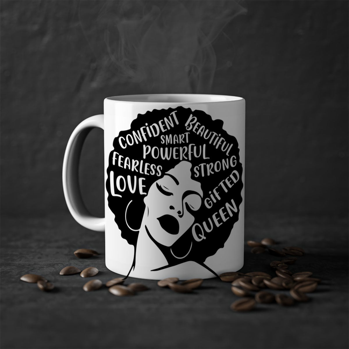 A stylish two-tone coffee mug featuring an afro lady design, showcasing vibrant colors and a glossy finish, perfect for coffee lovers.