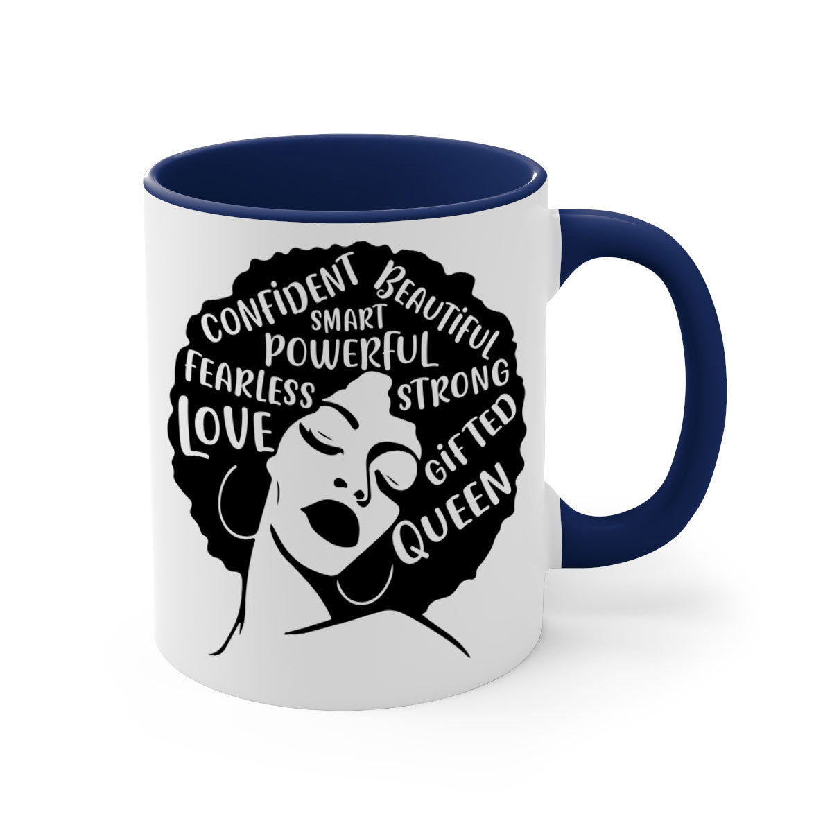A stylish two-tone coffee mug featuring an afro lady design, showcasing vibrant colors and a glossy finish, perfect for coffee lovers.