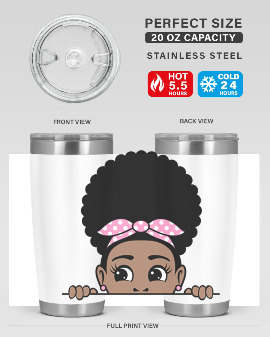 Afro puff bandana girl peekaboo tumbler showcasing vibrant design and stainless steel construction.