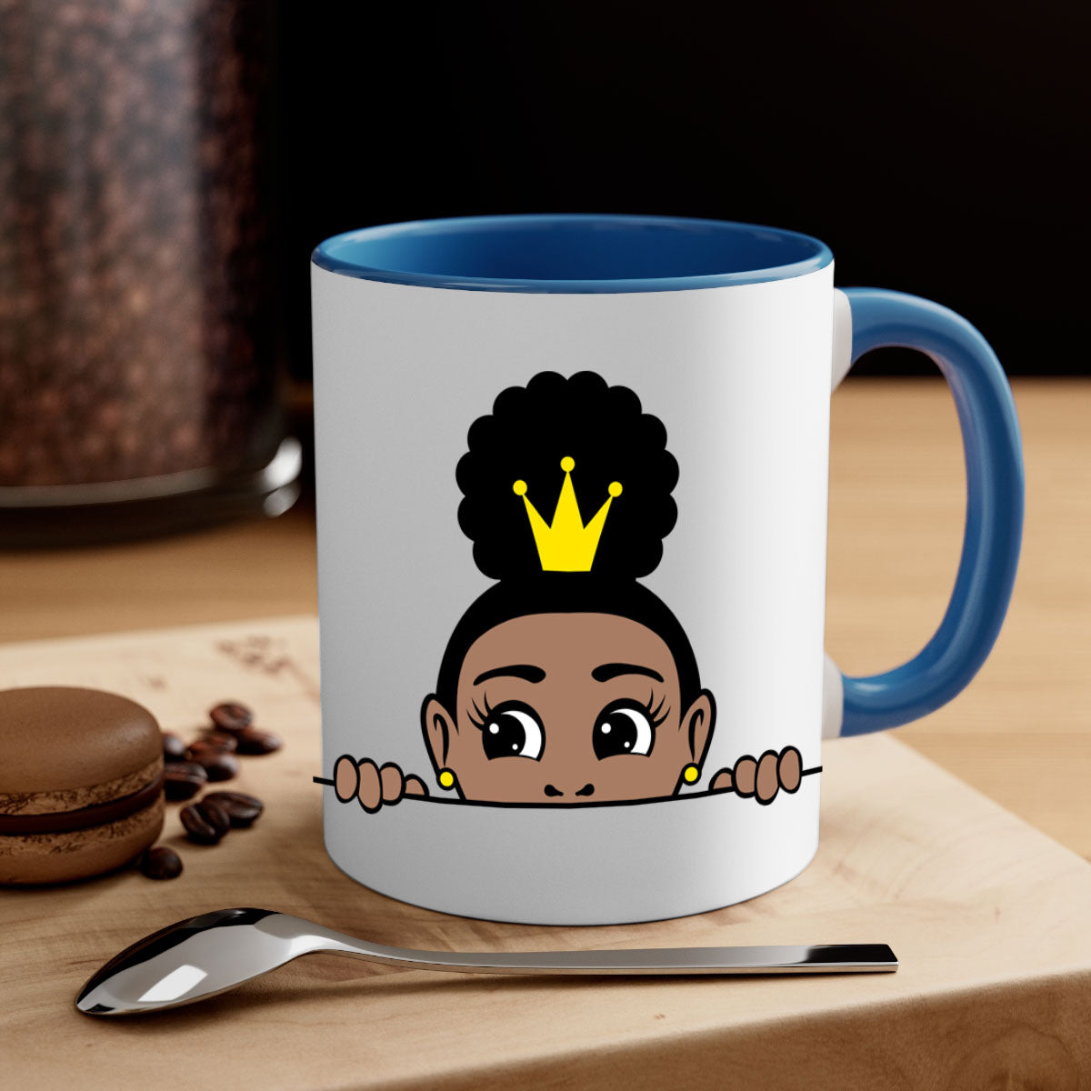 Afro Puff Crown Girl Mug featuring a glossy finish and colorful handle, designed for Black women and girls.