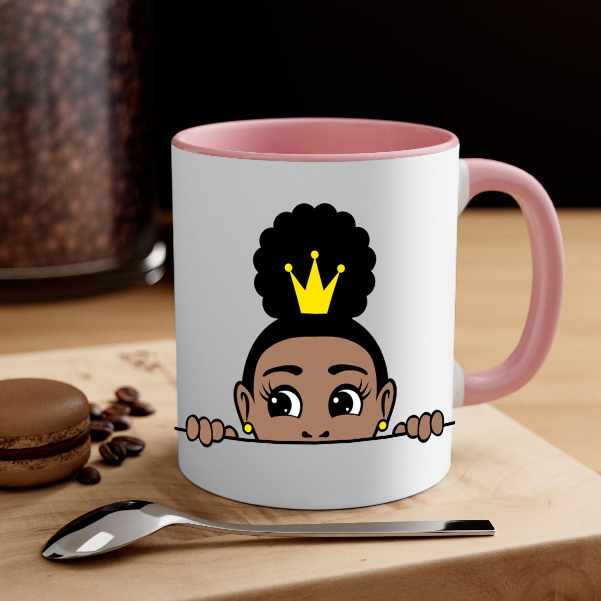 Afro Puff Crown Girl Mug featuring a glossy finish and colorful handle, designed for Black women and girls.