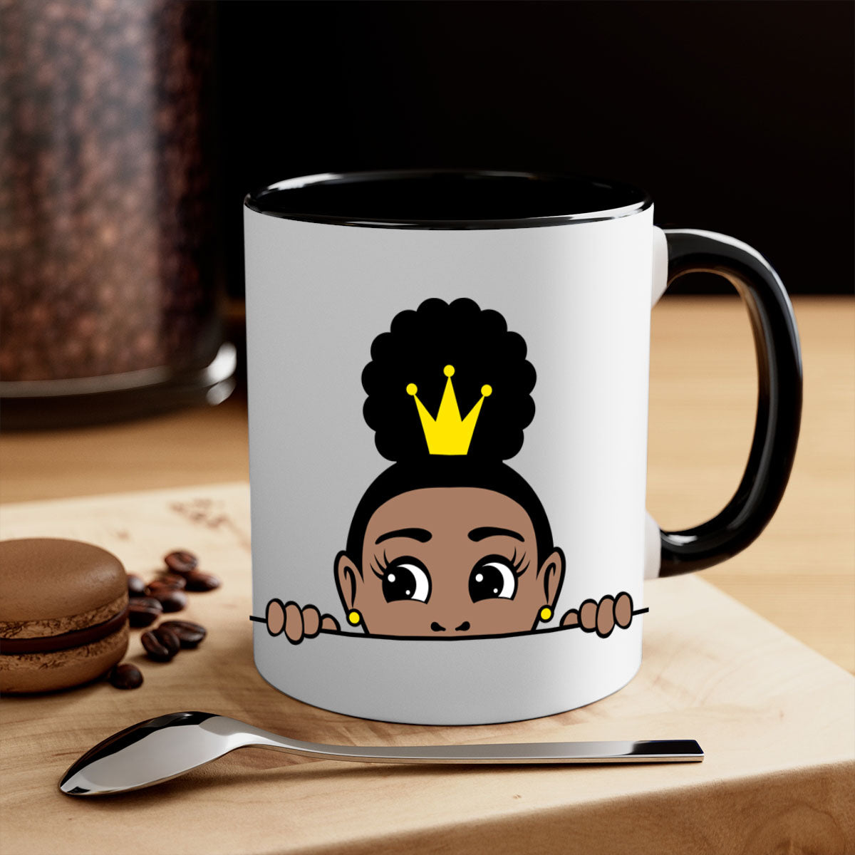 Afro Puff Crown Girl Mug featuring a glossy finish and colorful handle, designed for Black women and girls.