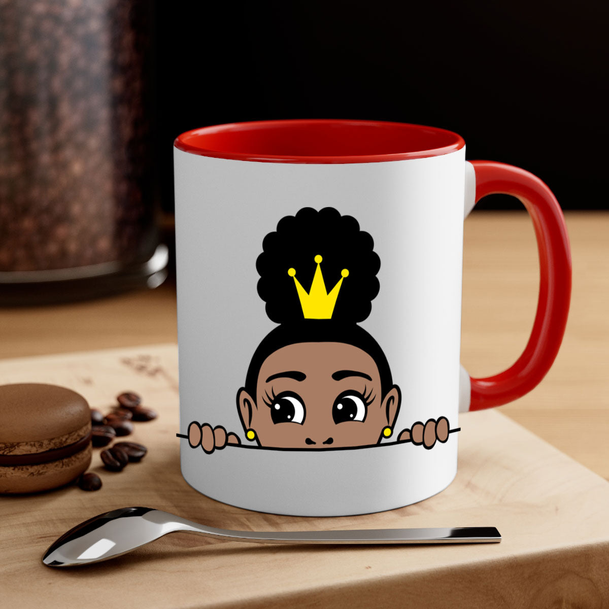 Afro Puff Crown Girl Mug featuring a glossy finish and colorful handle, designed for Black women and girls.
