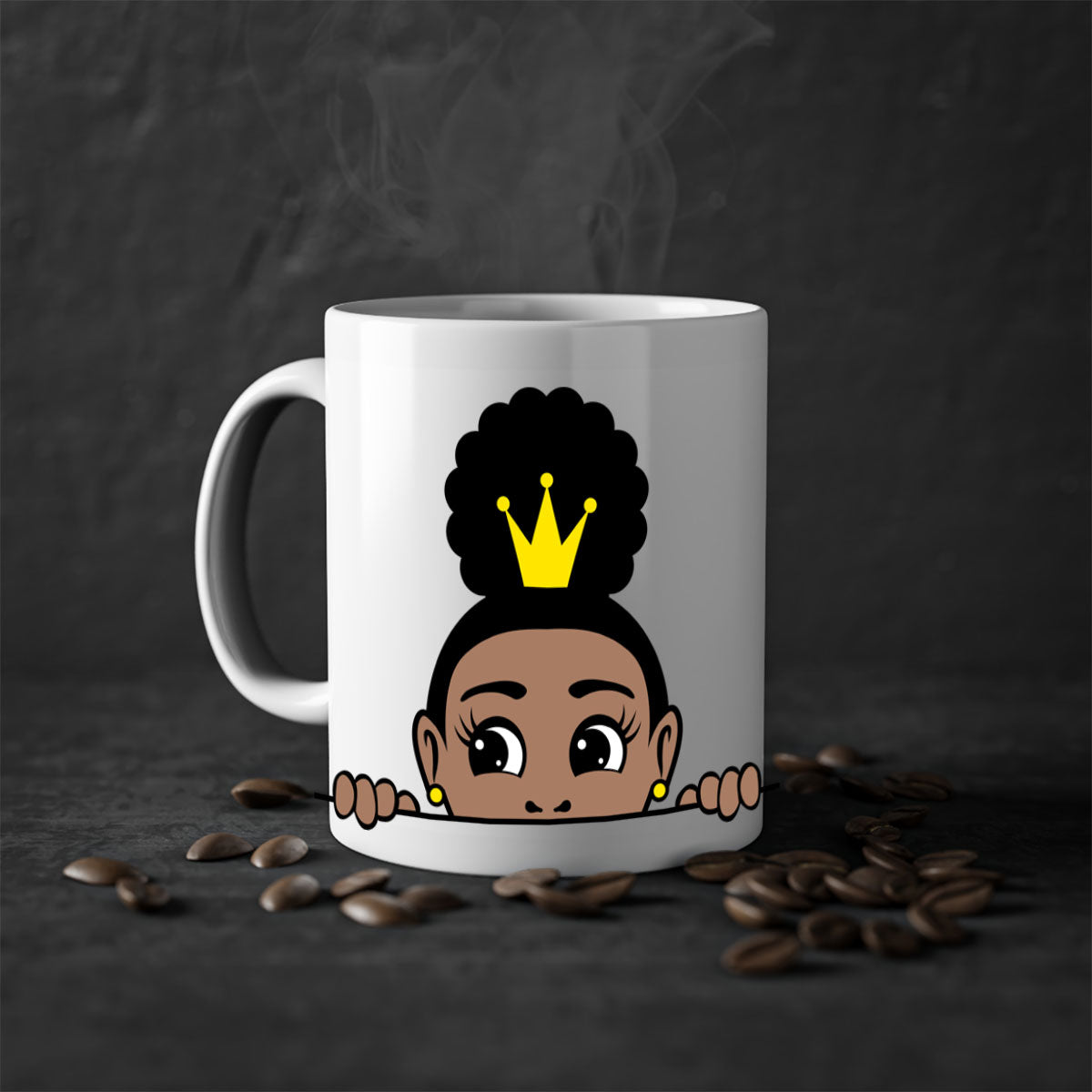 Afro Puff Crown Girl Mug featuring a glossy finish and colorful handle, designed for Black women and girls.