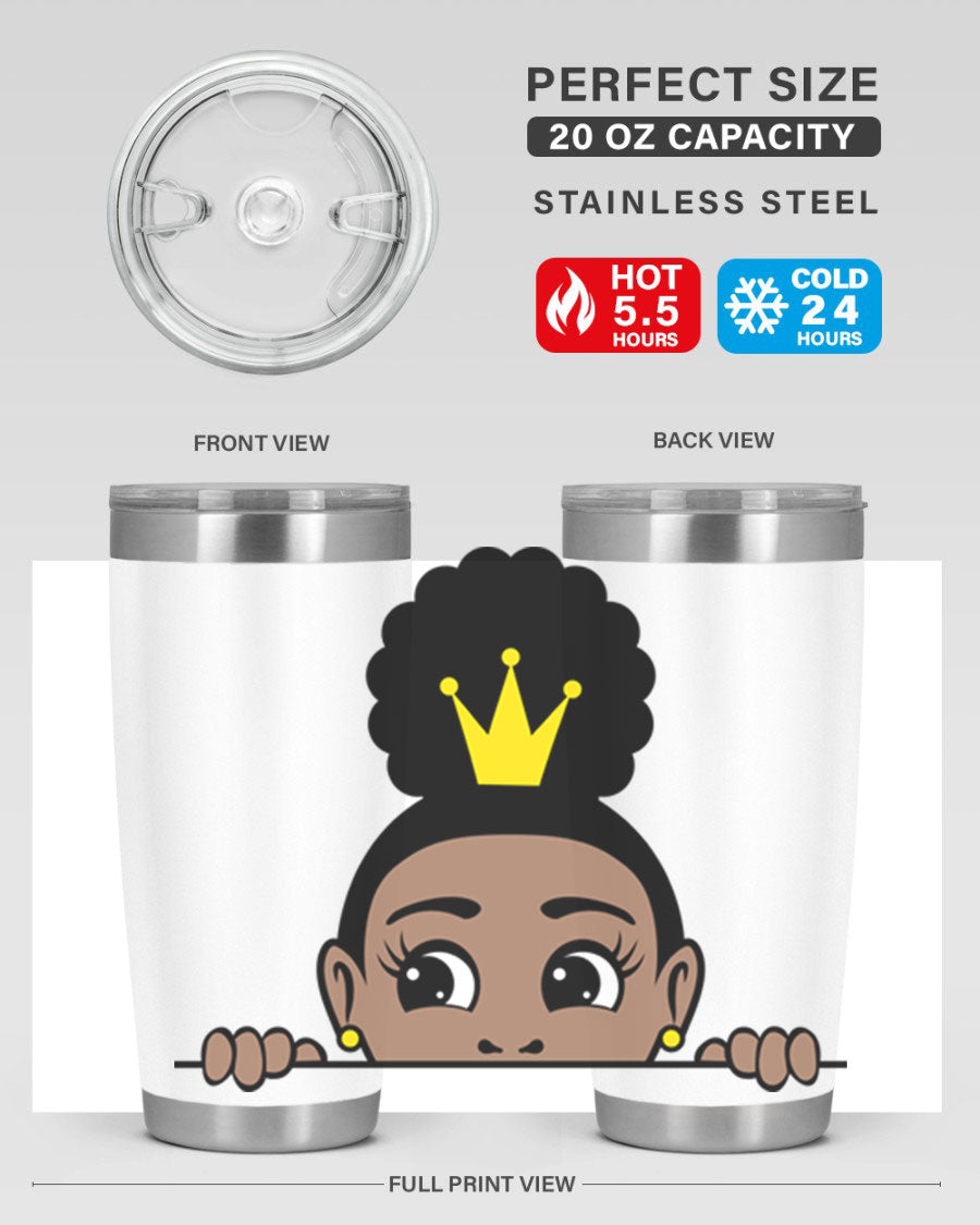 Afro Puff Crown Girl tumbler featuring a stylish design, made from stainless steel with a vibrant print, perfect for hot and cold beverages.