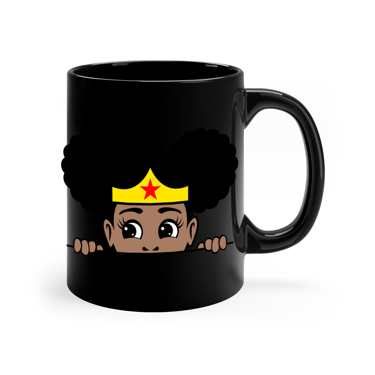 Afro Puff Wonder Woman Mug with colorful handle and glossy finish, designed for Black women and girls, available in multiple colors.