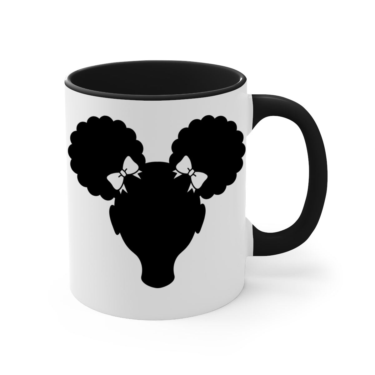 Afro Puffs Girl Mug featuring a stylish design with a girl and afro puffs, available in multiple colors and sizes.