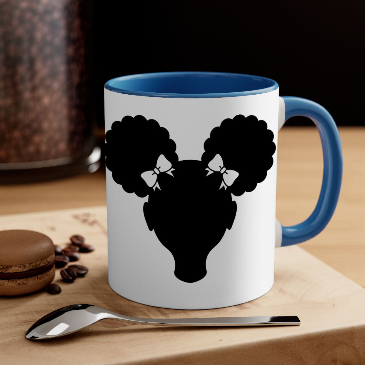 Afro Puffs Girl Mug featuring a stylish design with a girl and afro puffs, available in multiple colors and sizes.