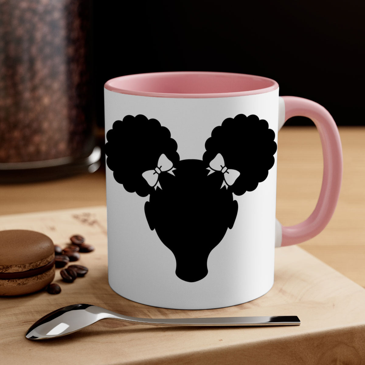 Afro Puffs Girl Mug featuring a stylish design with a girl and afro puffs, available in multiple colors and sizes.