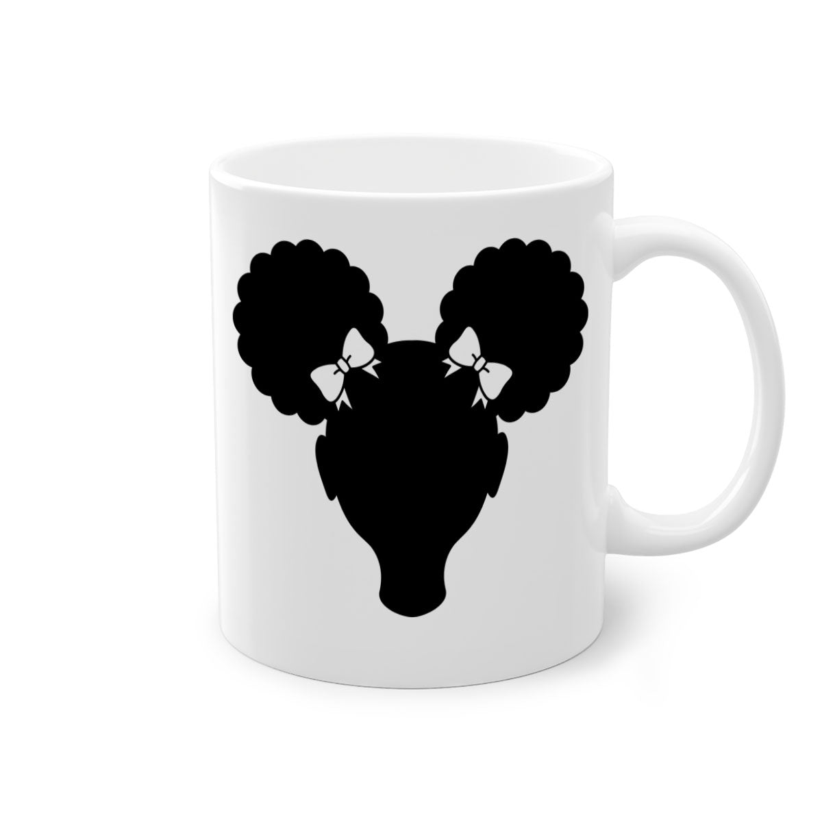 Afro Puffs Girl Mug featuring a stylish design with a girl and afro puffs, available in multiple colors and sizes.