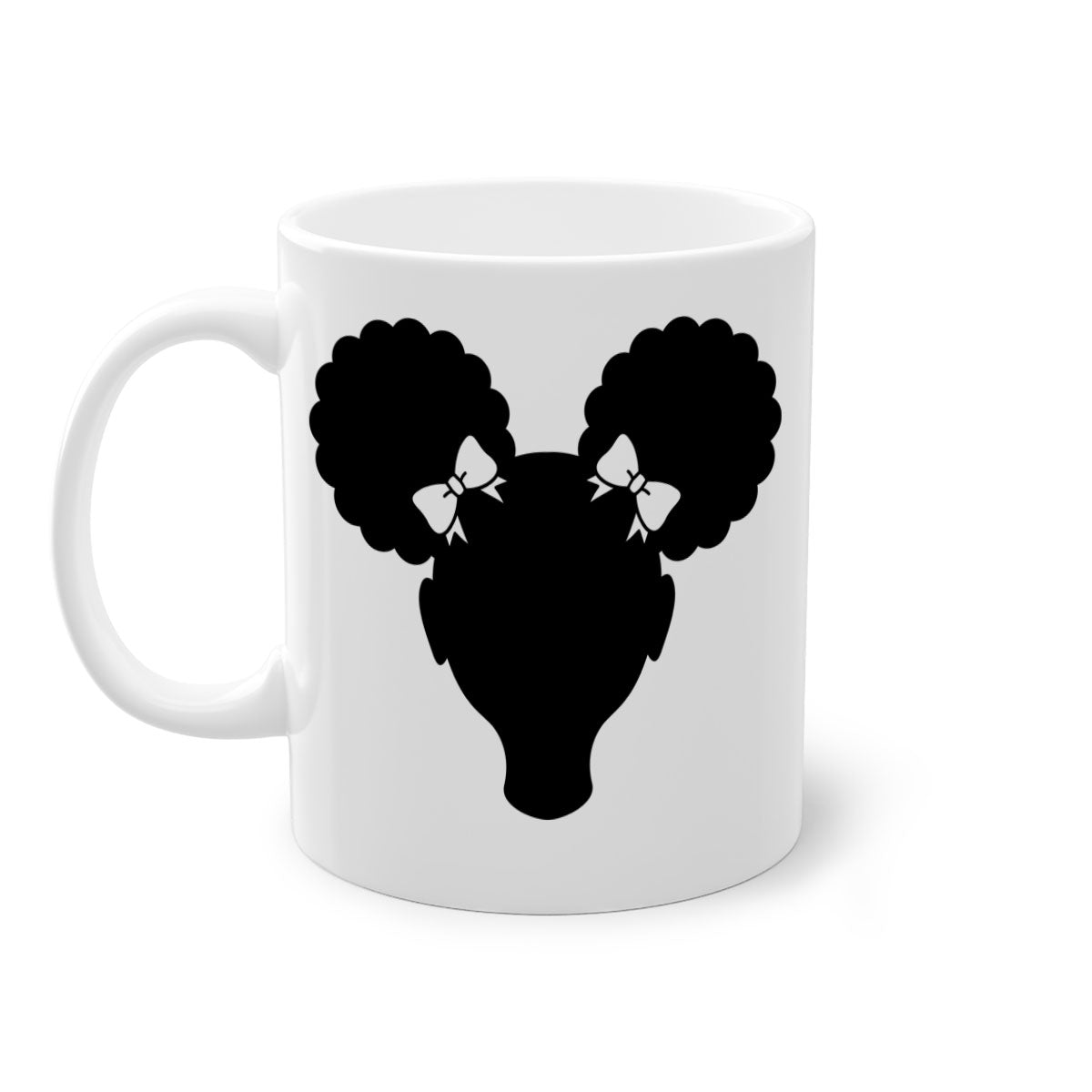 Afro Puffs Girl Mug featuring a stylish design with a girl and afro puffs, available in multiple colors and sizes.