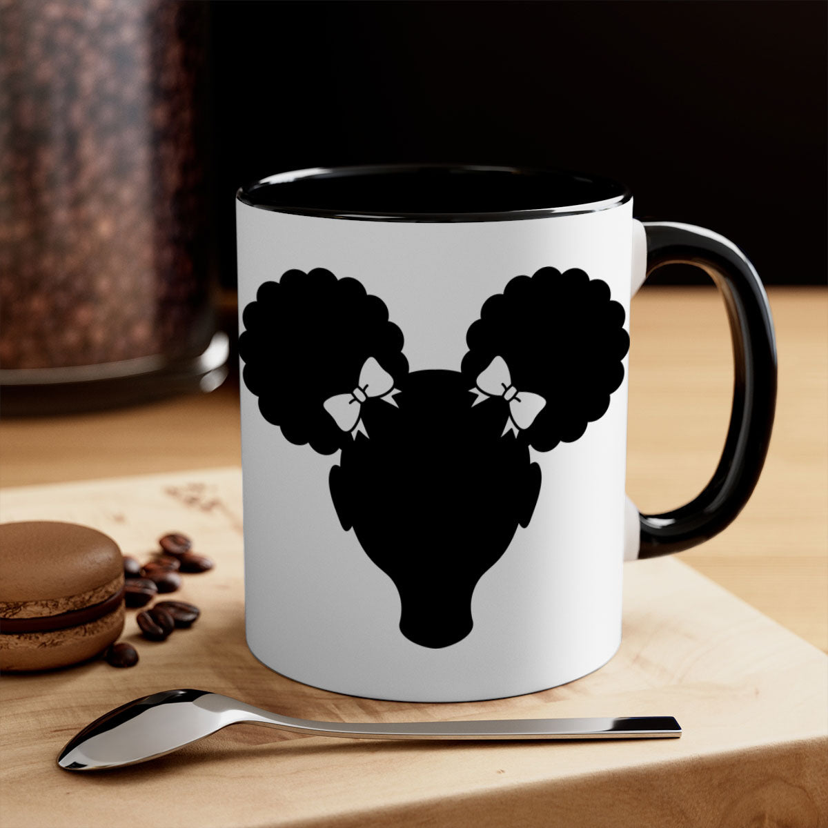 Afro Puffs Girl Mug featuring a stylish design with a girl and afro puffs, available in multiple colors and sizes.