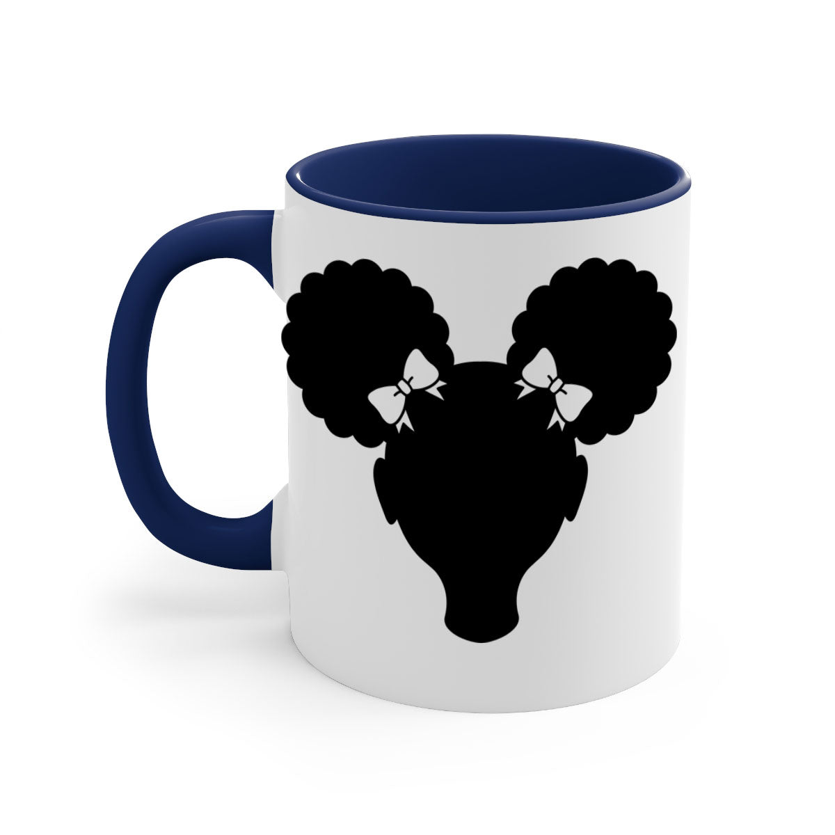 Afro Puffs Girl Mug featuring a stylish design with a girl and afro puffs, available in multiple colors and sizes.