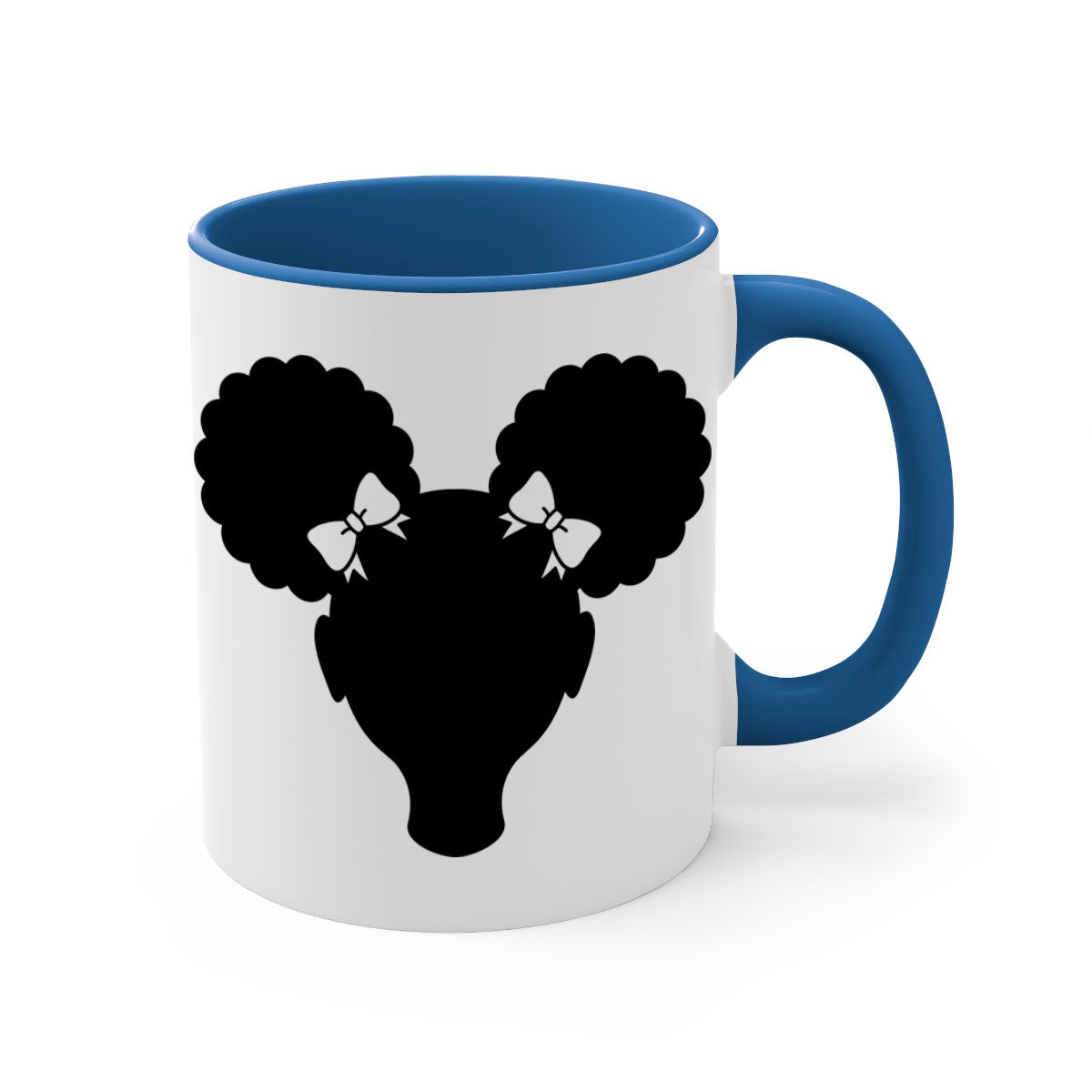 Afro Puffs Girl Mug featuring a stylish design with a girl and afro puffs, available in multiple colors and sizes.