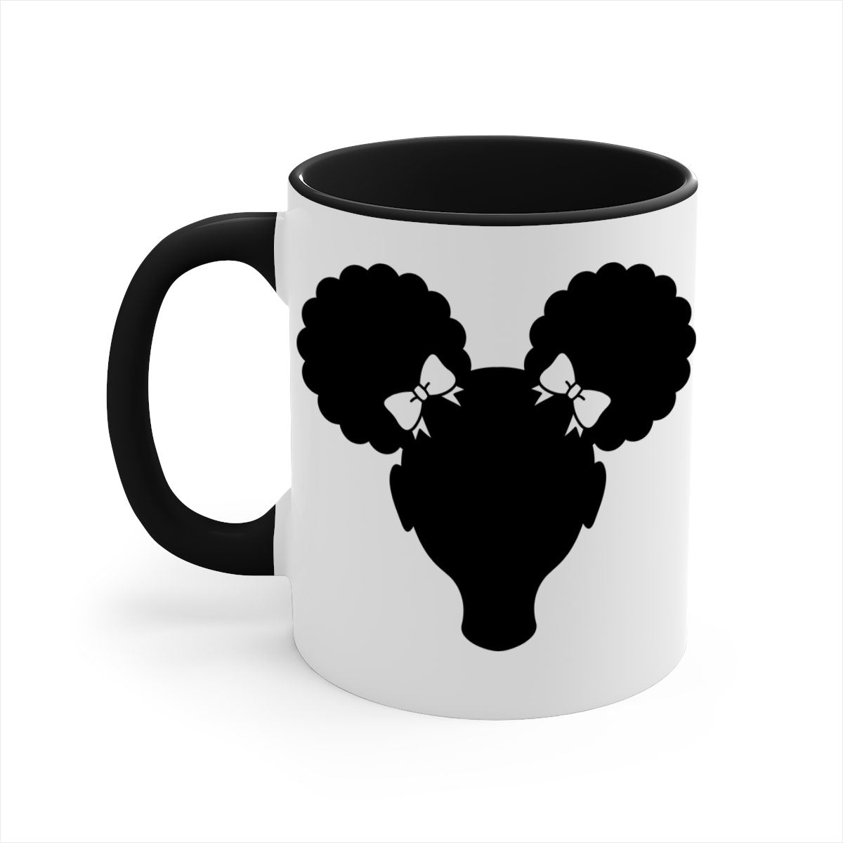 Afro Puffs Girl Mug featuring a stylish design with a girl and afro puffs, available in multiple colors and sizes.
