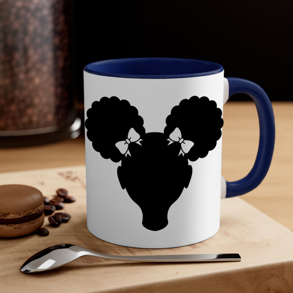 Afro Puffs Girl Mug featuring a stylish design with a girl and afro puffs, available in multiple colors and sizes.