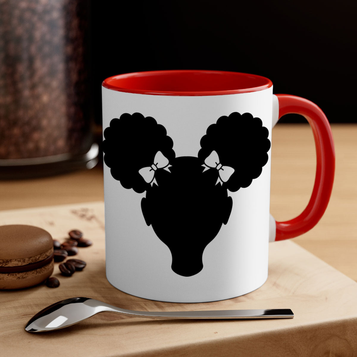 Afro Puffs Girl Mug featuring a stylish design with a girl and afro puffs, available in multiple colors and sizes.