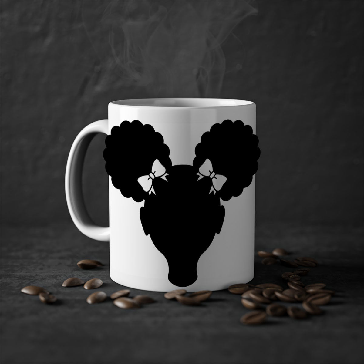 Afro Puffs Girl Mug featuring a stylish design with a girl and afro puffs, available in multiple colors and sizes.