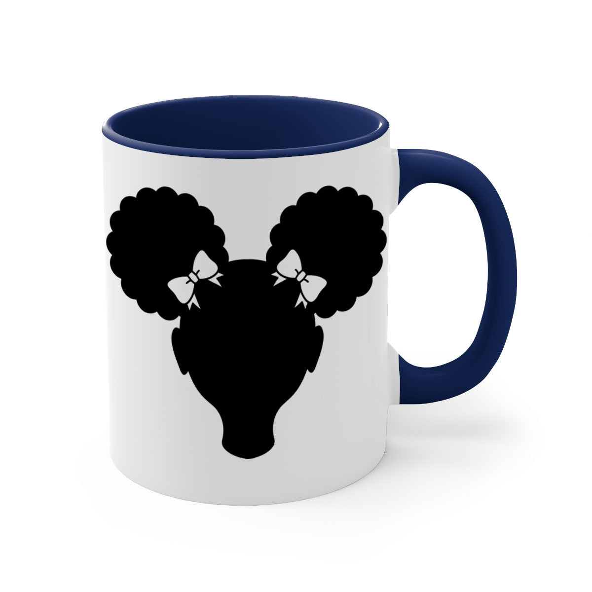 Afro Puffs Girl Mug featuring a stylish design with a girl and afro puffs, available in multiple colors and sizes.