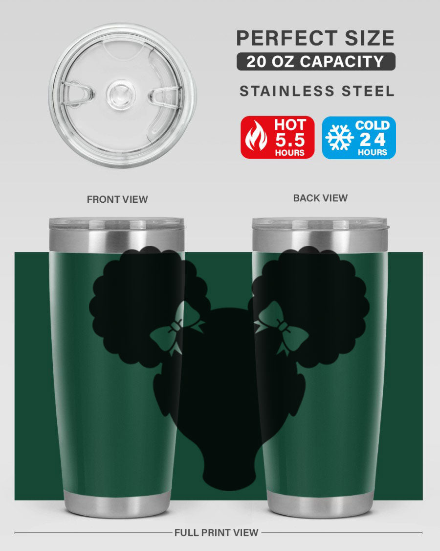 Afro Puffs Girl 77# Tumbler showcasing vibrant design and stainless steel finish, perfect for hot and cold beverages.