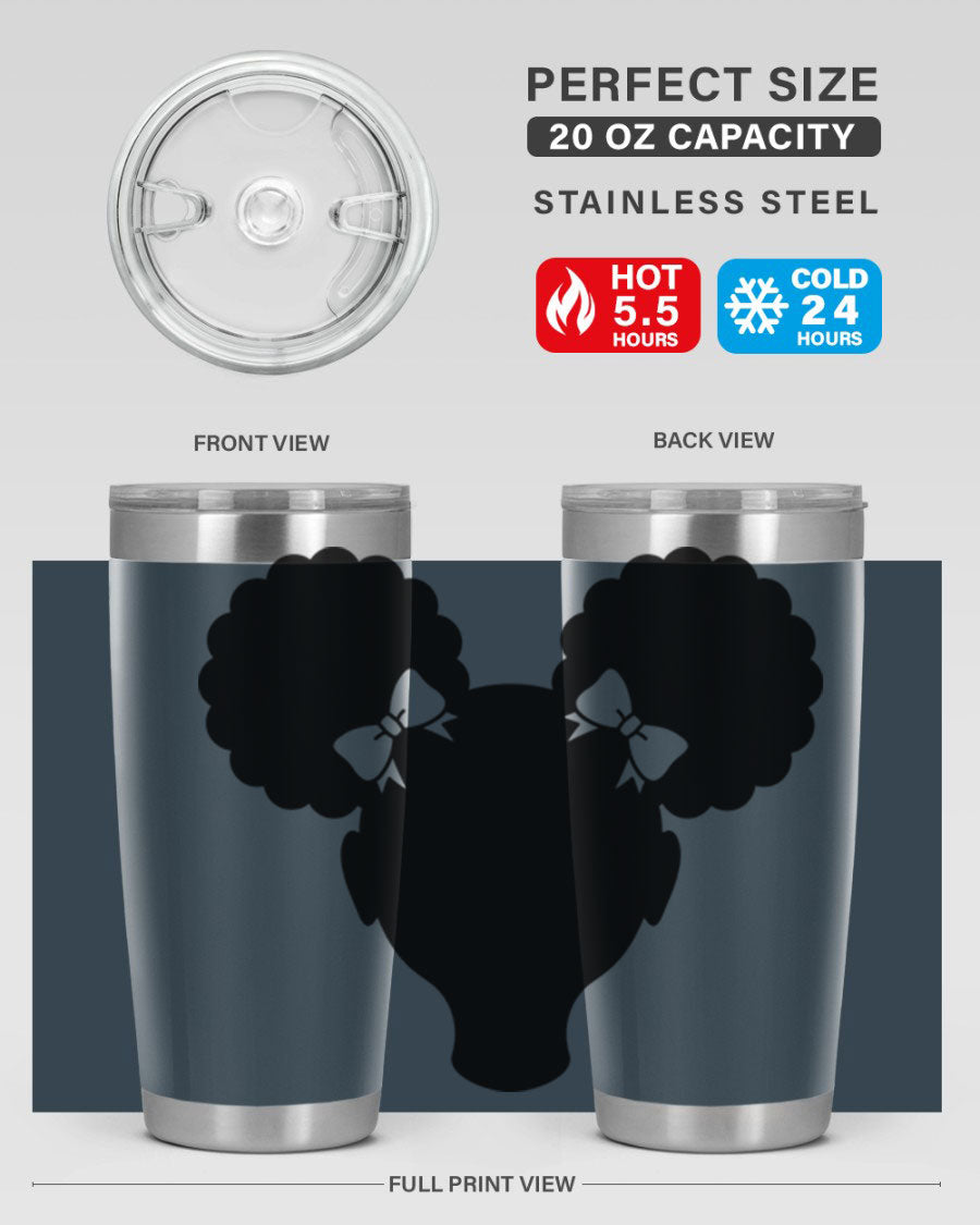Afro Puffs Girl 77# Tumbler showcasing vibrant design and stainless steel finish, perfect for hot and cold beverages.