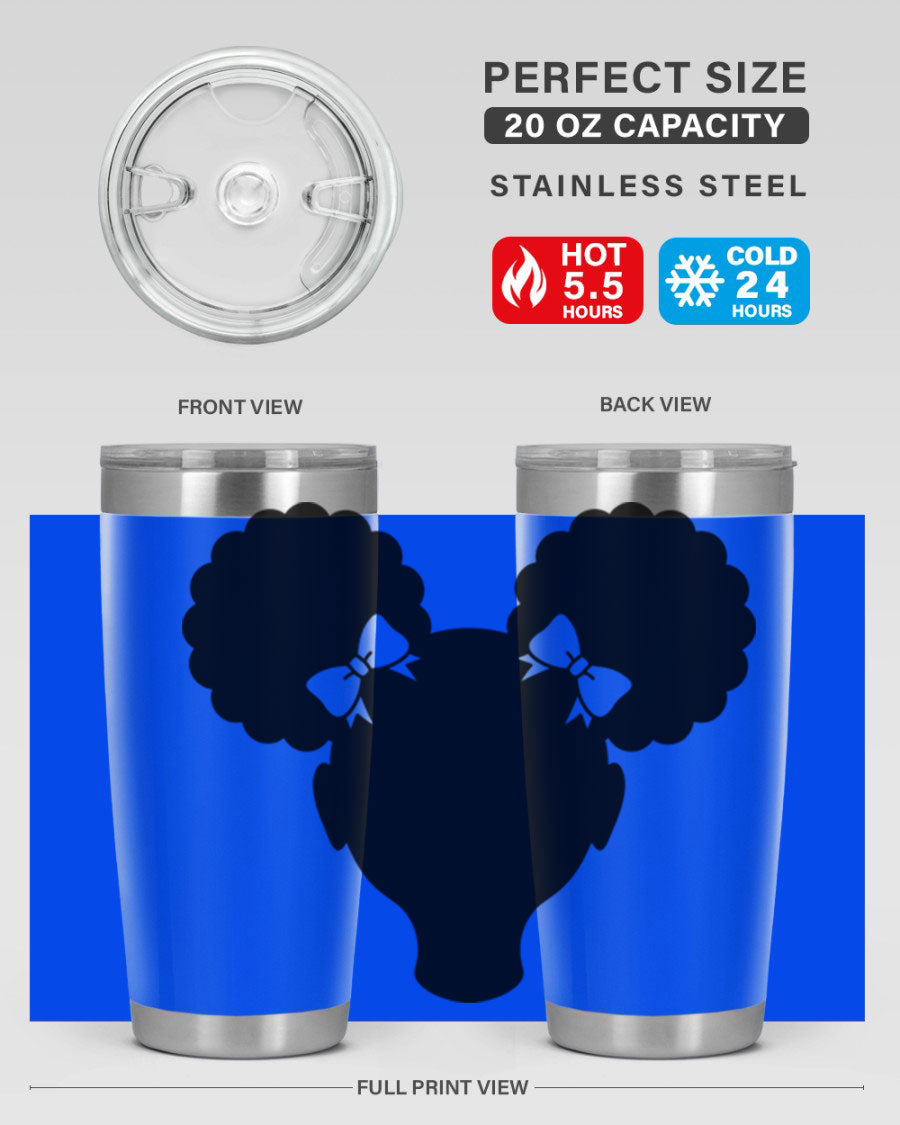 Afro Puffs Girl 77# Tumbler showcasing vibrant design and stainless steel finish, perfect for hot and cold beverages.