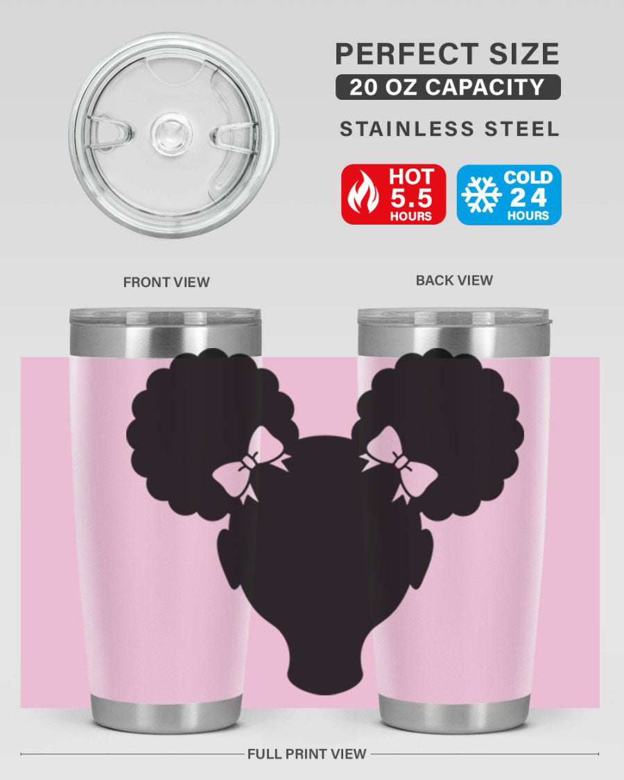 Afro Puffs Girl 77# Tumbler showcasing vibrant design and stainless steel finish, perfect for hot and cold beverages.