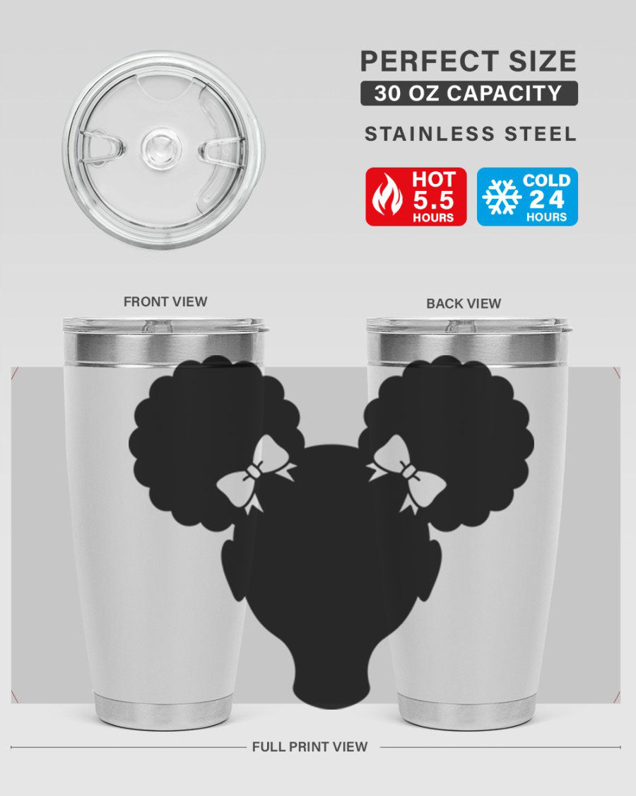 Afro Puffs Girl 77# Tumbler showcasing vibrant design and stainless steel finish, perfect for hot and cold beverages.