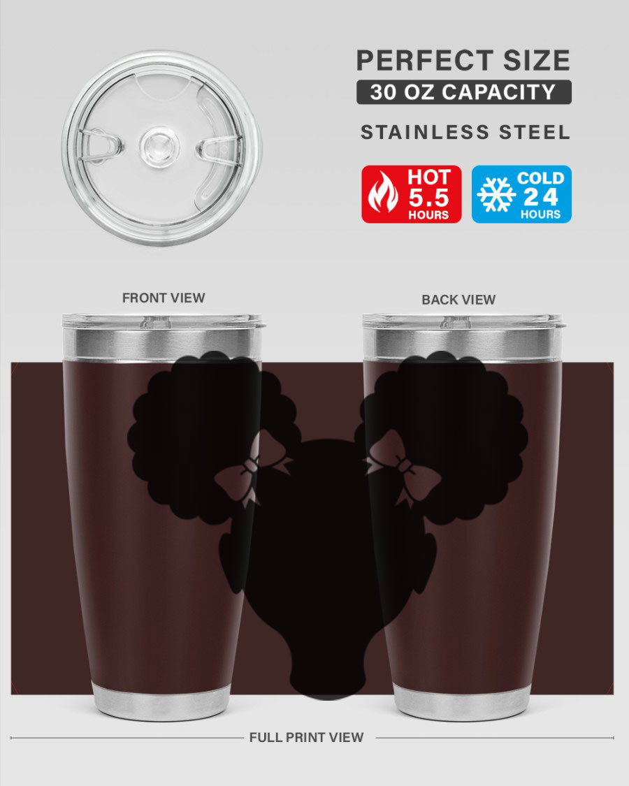 Afro Puffs Girl 77# Tumbler showcasing vibrant design and stainless steel finish, perfect for hot and cold beverages.