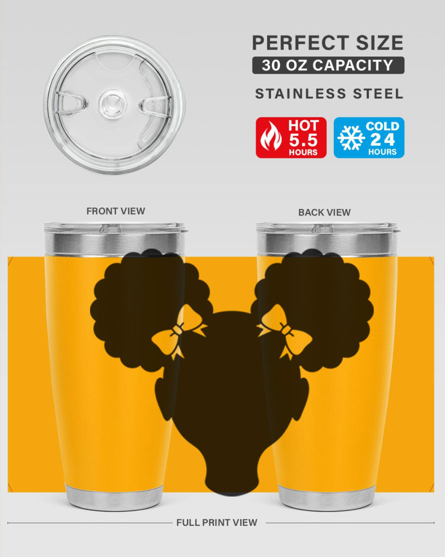 Afro Puffs Girl 77# Tumbler showcasing vibrant design and stainless steel finish, perfect for hot and cold beverages.